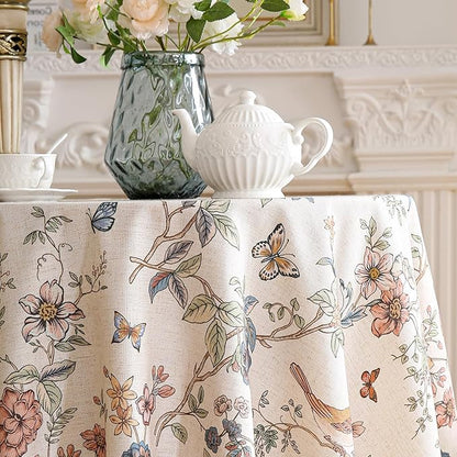ISAENNE Designer French Light Beige Small Round Tablecloth,Linen Florals and Birds Pattern Table Cloth,Anti-Wrinkle Decorative Tablecloths for Dining Thanksgiving Kitchen,Diameter 55"-Cornucopia
