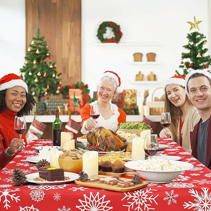 misaya Rectangle Waterproof Vinyl Table Cloth, Wipeable Tablecloth with Flannel Backing, Plastic Table Cover for Dinner, Christmas Party (Red Snowflake, 60" x 120")