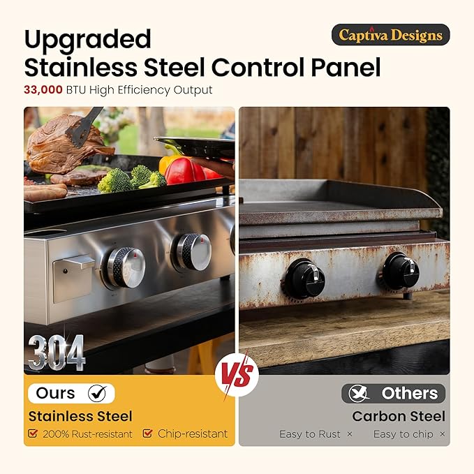 Captiva Designs 27 in Flat Top Griddle Grill with Ceramic Coated Cast Iron Pan, 3-Burner Propane Gas Griddle Grill, 33,000 BTU Output Flattop Grills for Outdoor Barbecue, Cooking and Party