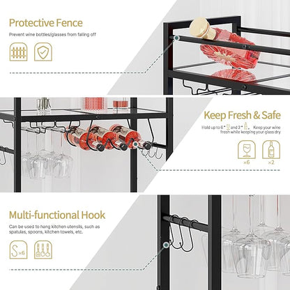 Bar Cart with Wine Rack, Serving Cart for Home, Microwave Cart, Drink Cart, Mobile Kitchen Shelf with Glass Holder, Rolling Beverage Cart for Dining Room (Black)