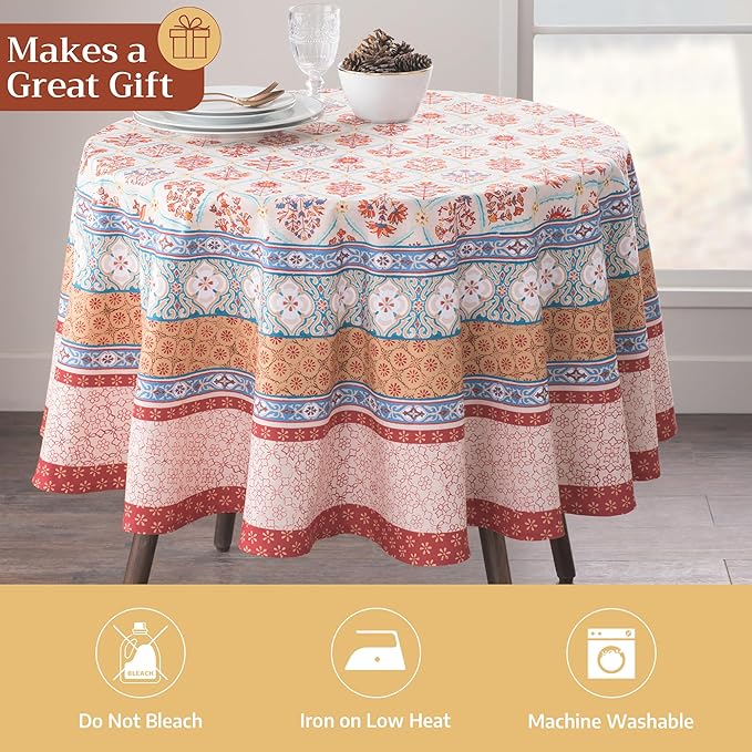 Maison d' Hermine Table Cloth Round Table 100% Cotton 69 Inches Fall Tablecloth Reusable Everyday Use for Thanksgiving Christmas Decorations Dining Farmhouse Party (Romane)