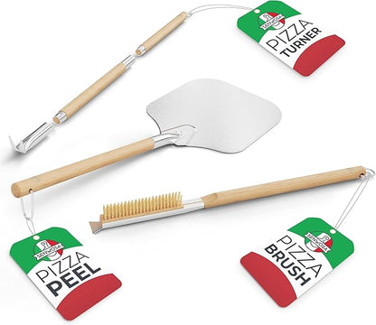 Pizza Oven Accessories Set - 3 Piece Pizza Making Kit with Pizza Peel, Pizza Oven & Stone Brush with Scraper, Turning Fork & Bubble Popper - Tools for Indoor Outdoor Brick Wood Gas Ovens