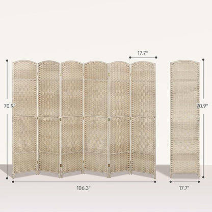 HOMCOM 6 Panel Room Divider, 6' Tall Folding Privacy Screen, Hand-Woven Freestanding Wall Partition for Home Office, Bedroom, Washed Oak