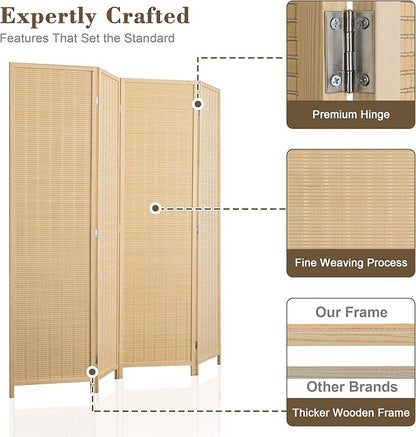 WelFurGeer 4 Panel Bamboo Room Divider, Folding Privacy Screen for Room Separation, Natural Wood Room Partitions and Dividers, Patio Privacy Panels, Decorative Wall Divider for Home, Office, Studio