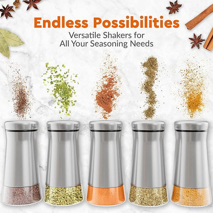 HOME EC Original Salt and Pepper Shakers Set with Adjustable Pour Holes - Glass and Stainless Steel Salt Shaker and Pepper Shaker - Farmhouse Spice dispenser for salts, ground peppercorn and spices
