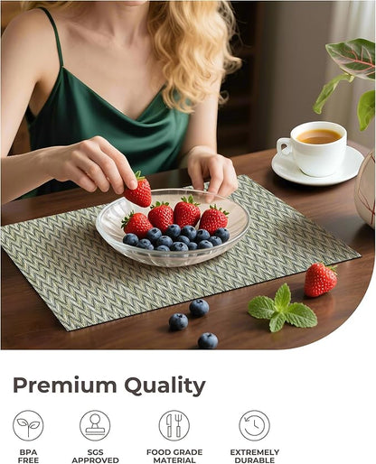 Leetaltree Green Placemats Set of 8 - Heat Resistant Non-Slip Place mats for Dining Table, Washable Durable PVC Vinyl Woven Table Mats（Green Zigzag, 8）