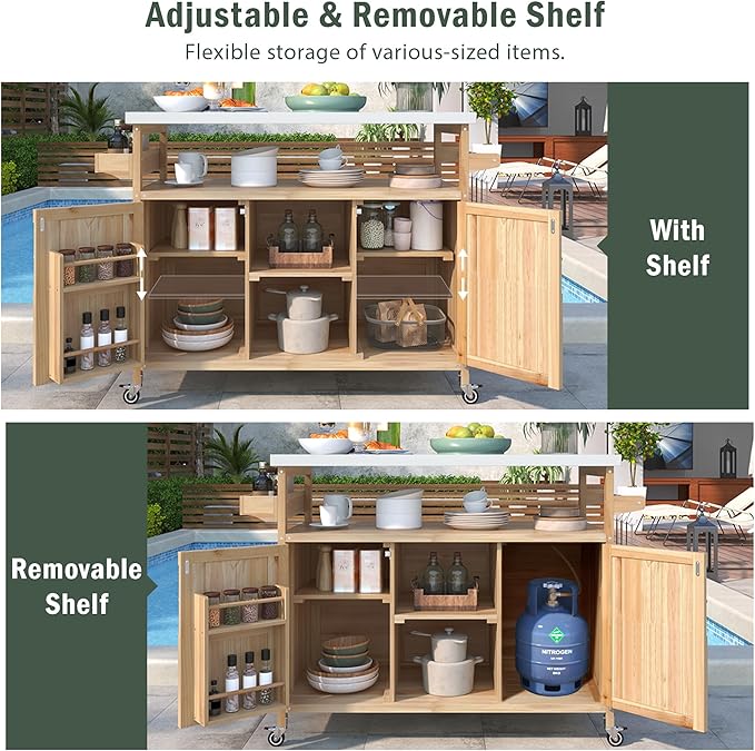 50.25" W Grill Cart with Stainless Steel Tabletop - Outdoor Storage Cabinet for BBQ, Bar Patio Kitchen Island with Ample Storage and Lockable Wheels