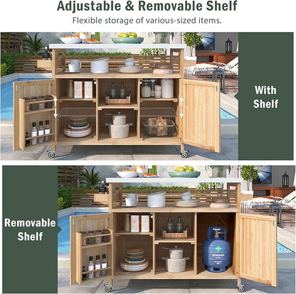 Grill Table,Rolling Bar Cart, Storage Cabinet, Artificial Board,with Stainless Steel Top, Spice Rack, Towel Rack, Storage Space,Kitchen,Outdoor