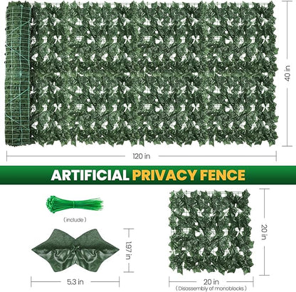 KASZOO Artificial Ivy Privacy Fence Screen, 120x40in Artificial Faux Privacy Fence Artificial Hedge Fence Panel Balcony Privacy Screen Decoration for Patio, Balcony, Wall, Backyard Indoor Outdoor