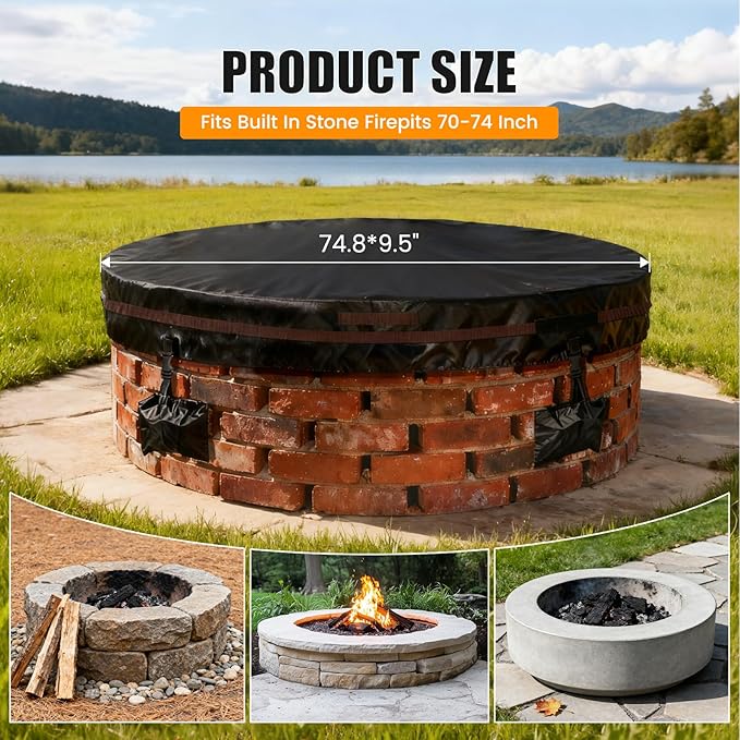 Outdoor Round Fire Pit Cover 74.8x9.5" Waterproof Tear-Resistant 600D Oxford PU Coated for 70–74" Built-In or In-Ground Stone Fire Pits, Heavy Duty All-Season Protection for Outdoor Fireplaces