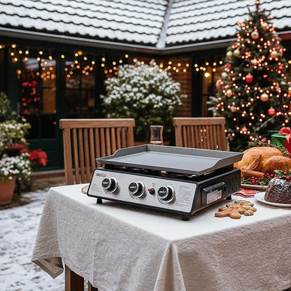 Royal Gourmet PD1301S Portable 3-Burner Tabletop Gas Griddle, 25,500 BTU Cooking Power, 304 Sq. In. Cooking Surface, Ideal for Camping & Tailgating, Black & Silver