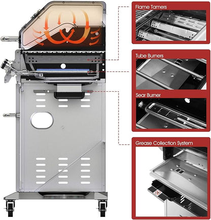 Royal Gourmet GA6402S 6-Burner Propane Gas Grill with Side Burner and Warming Rack, 74,000 BTUs, Cabinet Style Outdoor BBQ Grill for Barbecue Grilling & Backyard Cooking, Silver