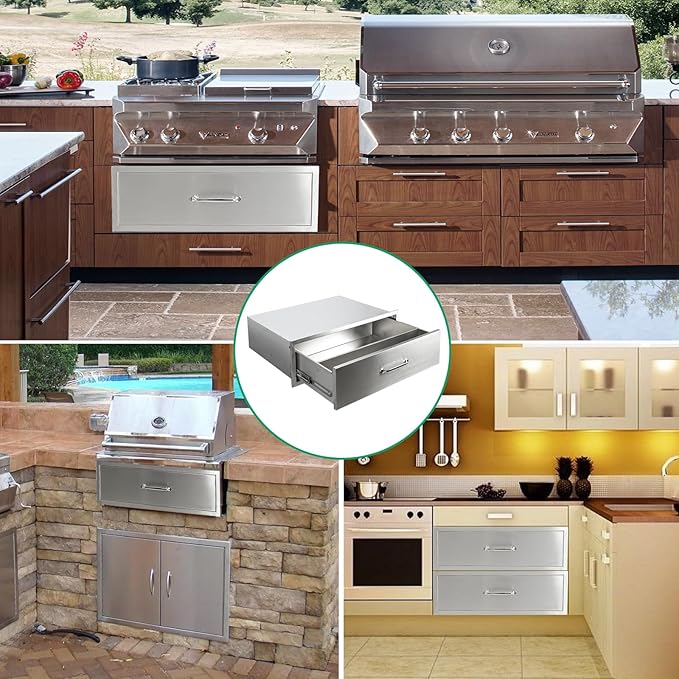 Outdoor Kitchen Drawers 30" W x 10" H x 23" D Stainless Steel Single Drawers with Ergonomic Handle for BBQ Island, Patio Grill Station & Outdoor Kitchen Cabinets