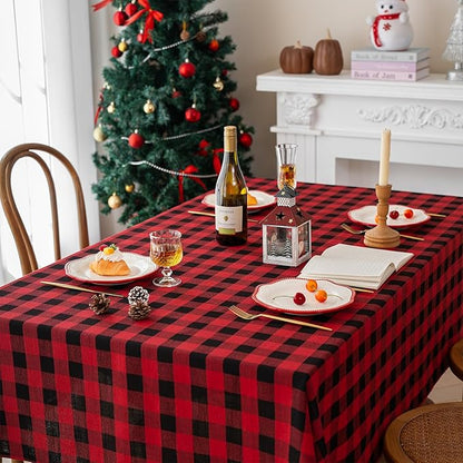 Christmas Gingham Tablecloth Heavy Duty Cotton Linen Red 60x84 inch Plaid Christmas Table Cloth Reusable Waterproof Foldable Tablecloths Xmas Table Cover for New Year Party Decor