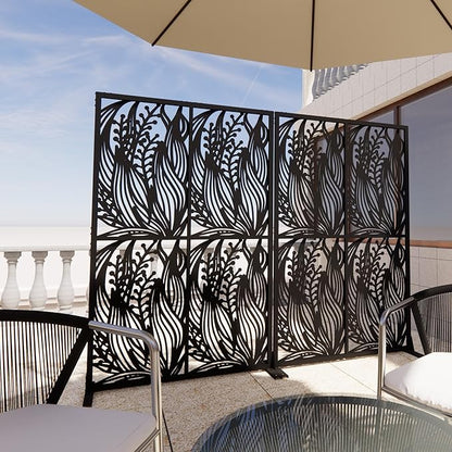 Metal Privacy Screen Room Divider 72" H x 45.3" W, Free Standing Decorative Panel with Bird Design for Indoor Outdoor Use, Black Iron Partition for Patio Balcony Garden (Leaf Black)