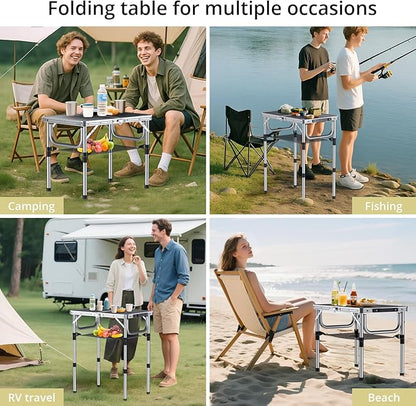 Anbte Folding Camping Table, Aluminum 24" x 16" Adjustable Height Small Folding Table with Carrying Handle, Lightweight, Portable Camping Table Waterproof for Outdoor Indoor Picnic Beach BBQ (Black)