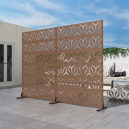Casaphoria Metal Privacy Screen Outdoor, 72" H x 47" W Freestanding Decorative Privacy Screen for Patio Deck Balcony Garden with Stable Base, Brown Star