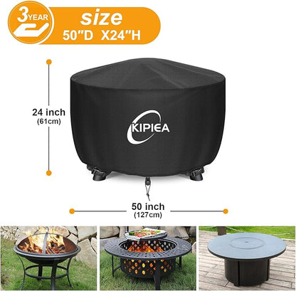 Kipiea Round Fire Pit Cover - 100% Waterproof Upgraded 600D Strong Tear Resistant Firepit Cover, UPF 50+ Outdoor Fire Pit Cover Fading Resistant, 50" Dia X 24" H