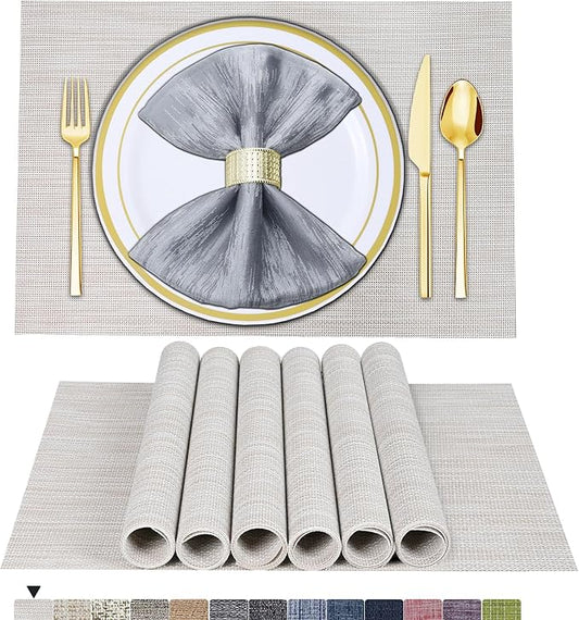 BETEAM Placemats Set of 6, Woven Vinyl Placemat for Dining Table Washable Wipeable Kitchen Place Mats Durable Indoor Outdoor Table Mats