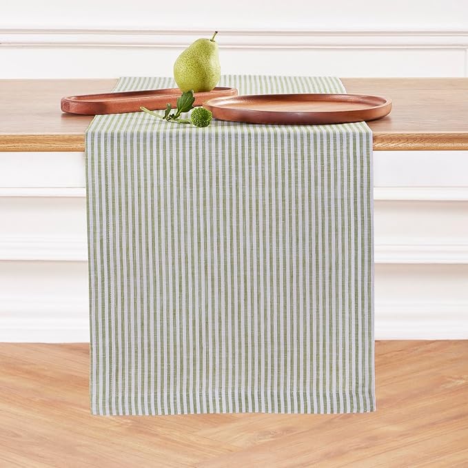 Solino Home Linen Table Runner 36 Inches - Narrow Stripe 100% Pure Linen Avocado and White Table Runner 14 x 36 Inch Ideal for Dresser and Coffee Tables - Winter, Spring, St Patricks Day, Easter