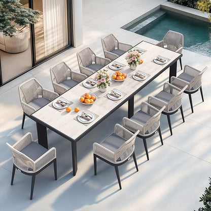 PURPLE LEAF 11 Pieces Patio Dining Set Aluminum Modern Rectangular Table and Rattan Arm Chairs with Cushions for Kitchen Porch Garden Outdoor Furniture Sets, Beige and Dark Grey