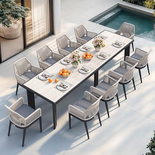 PURPLE LEAF 11 Pieces Patio Dining Set Aluminum Modern Rectangular Table and Rattan Arm Chairs with Cushions for Kitchen Porch Garden Outdoor Furniture Sets, Beige and Dark Grey