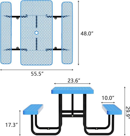 4FT Picnic Tables for Outdoors, Rectangular Commercial Metal Picnic Table Bench Set with Umbrella Hole,Heavy Duty Steel Weather-Resistant Dining Table for Patio Dining Garden Backyard BBQ School