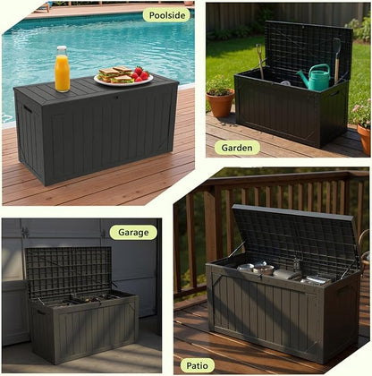 100 Gallon Outdoor Storage Box Waterproof,Resin Deck Box Storage Bin for Cushion Patio Furniture, Pool Accessories, and Garden Tools, Lockable & UV-Resistant, Black