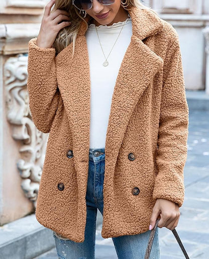Women's Winter Warm Plush Cardigan Fuzzy Fleece Lapel Jacket with Buttons Pockets Long Sleeve Casual Outerwear