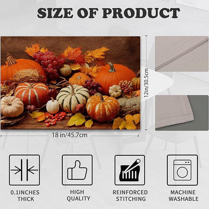 Orange Pumpkins Linen Placemats Set of 6,12x18 Inch Fall Thanksgiving Washable Table Mats Heat Resistant Place Mats for Home Party Kitchen Dining Decoration