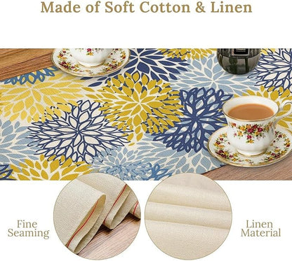 Dahlia Flower Table Runner,Blue Yellow Floral Print Table Runner for Kitchen Dining Table Dinner Holiday Home Party Indoor Outdoor Decor 13x70in