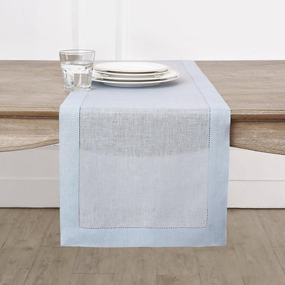 Solino Home Linen Light Blue Table Runner 36 Inches - Classic Hemstitch, 100% Pure Linen Coffee Table Runner 14 x 36 Inch Ideal for Dresser Tables, Spring, Easter