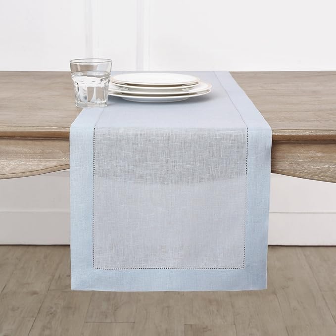 Solino Home Linen Light Blue Table Runner 90 Inches Long - 100% Pure Linen Hemstitch 14 x 90 Inch Table Runner for Dining, Winter, Spring, Easter - Classic Hemstitch