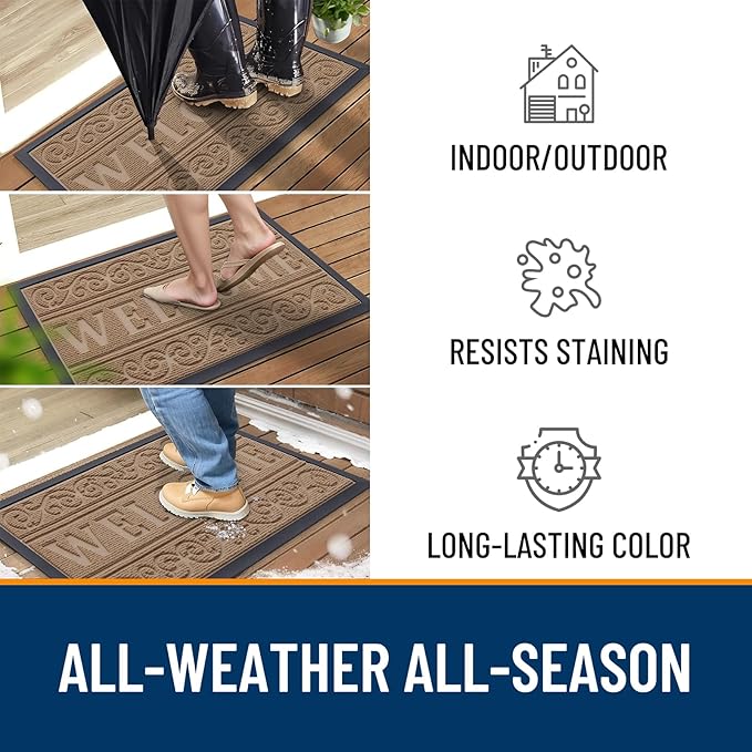 OLANLY Welcome Door Mat Indoor Outdoor Entrance, Heavy Duty Sturdy Front Door Mat, Waterproof All-Weather Doormat, Stain Resistant, Low Profile, Easy Clean Patio Entryway Mat, 47 x 32, Light Brown