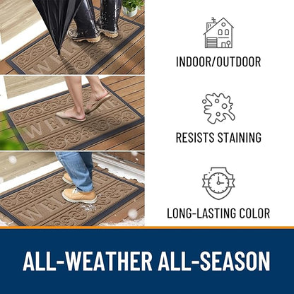 OLANLY Welcome Door Mat Indoor Outdoor Entrance, Heavy Duty Sturdy Front Door Mat, Waterproof All-Weather Doormat, Stain Resistant, Low Profile, Easy Clean Patio Entryway Mat, 47 x 32, Light Brown