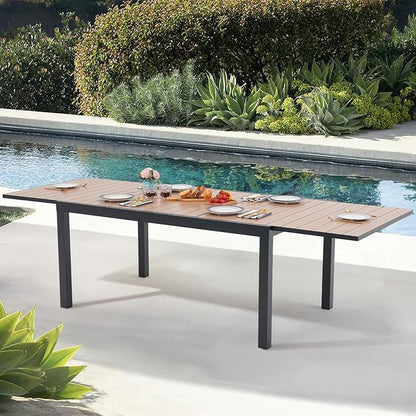 Soleil Jardin Aluminum Patio Extendable Dining Table, 63" - 105", Adjustable Indoor Outdoor Furniture Rectangle Table w/Thermal Transfer Wood Grain Tabletop for 6-10 Person Porch Deck Garden, Black