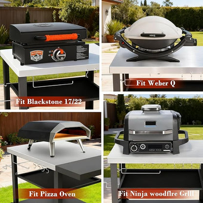 Outdoor Kitchen Island, Grill Cart with Drawer, Pizza Oven Stand, Movable 3-Shelf Prep Table with Side Table for Ninja Woodfire, Ooni Pizza Oven, Blackstone Griddle, Cuisinart, Cooking Station