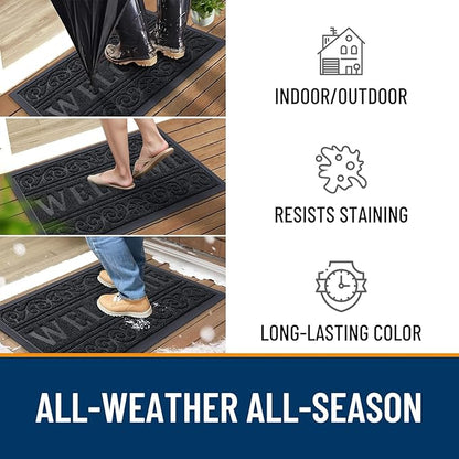 OLANLY Welcome Door Mat Indoor Outdoor Entrance, Heavy Duty Sturdy Front Door Mat, Waterproof All-Weather Doormat, Stain Resistant, Low Profile, Easy Clean Patio Entryway Mat, 47 x 24, Black