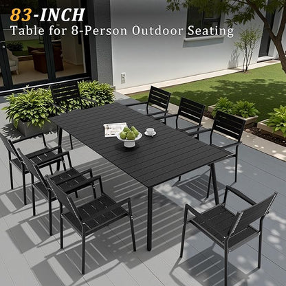 83" Patio Outdoor Dining Table for 6-8, Weather-Resistant Wood-Grain Top with Aluminum Frame & Umbrella Hole for Deck Gatherings, Black