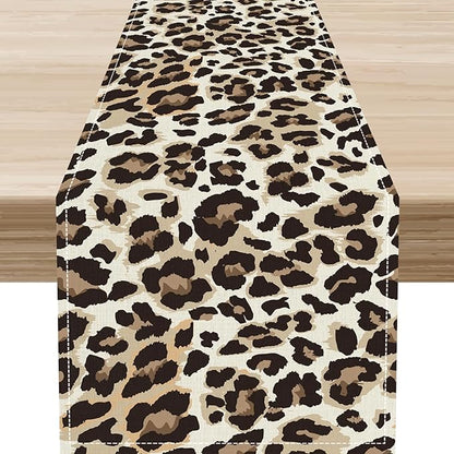 Leopard Print Table Runner, Animal Fur Print Western Style Table Runner Country Farmhouse Cottage Cow Pattern Linen Table Decoration for Home Kitchen Dining 13x72