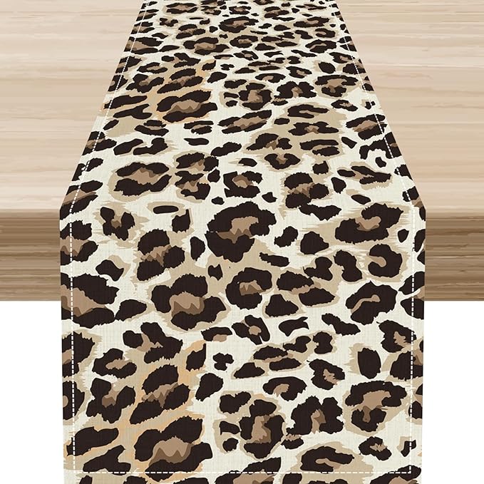 Leopard Print Table Runner, Animal Fur Print Western Style Table Runner Country Farmhouse Cottage Cow Pattern Linen Table Decoration for Home Kitchen Dining 13x90