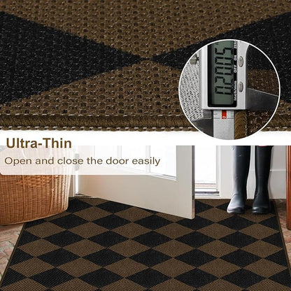 Easy Jute Checkered Runner Rug, 2x6 Coffee Modern Washable Rugs Runner for Hallway Non-Slip Kitchen Runner Rug, Geometric Diamond Indoor Outdoor Carpet for Porch Laundry Entryway