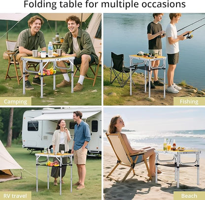 Anbte 2ft Camping Table Foldable, 3 Adjustable Heights High 27.5" Aluminum Small Folding Table with Carrying Handle, Portable, for Outdoor Indoor Picnic Beach BBQ Party Travel, 24" x 16", Yellow