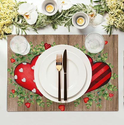 Valentines Day Wooden Plank Placemats Set of 4, 12x18 Inch Valentine Eucalyptus Leaves Heart Dining Table Placemats Wedding Washable Heat Resistance Place Mats for Party Kitchen Dining Decor