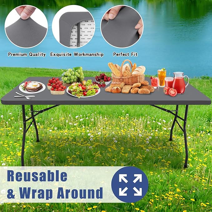 Spandex 4 Foot Rectangle Table Cloth 6 Pack, Elastic Fitted Tablecloths for Picnic, Stretch Washable Patio Table Cover for Outdoor, Camping, Banquet and Parties (Grey, 30"x48")
