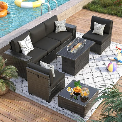 7 Piece Patio Furniture Set with Fire Pit Table, Outdoor Sectional Conversation Sets Black Wicker Rattan Sofa with Coffee Table for Patio Garden Backyard, 4'' Thickened Cushion Black