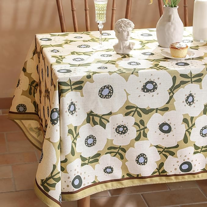 Designer Vintage Small Rectangular Tablecloth,Linen French Tablecloth with White Floral Pattern,Decor Table Cover for Kitchen,Dining,Thanksgiving,Tea Party,55" × 71"-Hidaka