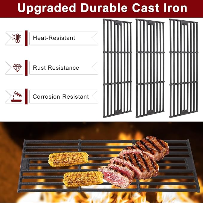 Hiorucet Grill Replacement Parts for Chargriller 5650, 5050, 3001, 5072, 3030, 3008, 4000, 5252, King Griller 3008 5252 Gas Grill, Cast Iron Grill Grates, Porcelain Steel Heat Plates