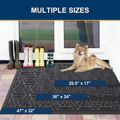 Smiry Front Door Mat Outside Entrance, Heavy Duty Sturdy Natural Rubber Doormat, Trap Dirt and Moisture, Easy Clean Low Profile Mats for Indoor Outdoor Entry, Grid Geometric (59x35, Grey)