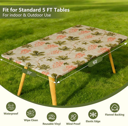 Rectangle Picnic Table Cloth, Elastic Waterproof Fitted Vinyl Tablecloths for 5 Foot Tables, Wipeable Flannel Backed Table Covers for Dining, Camping, Outdoor(Flower,30"x60")